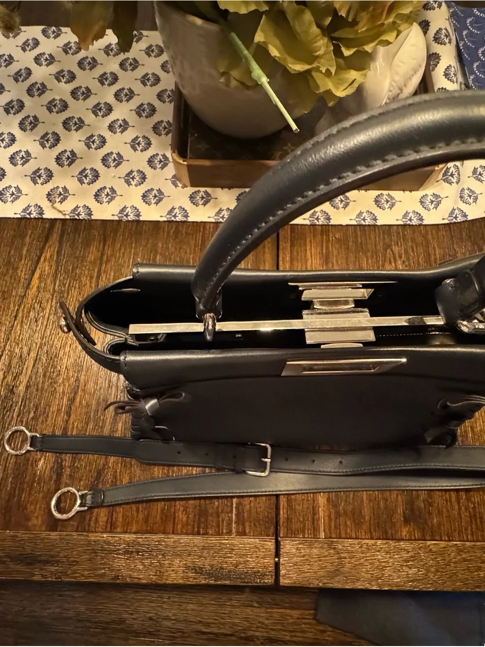 Fendi DARK NAVY Leather Top-Handle Satchel with Braided Fringe